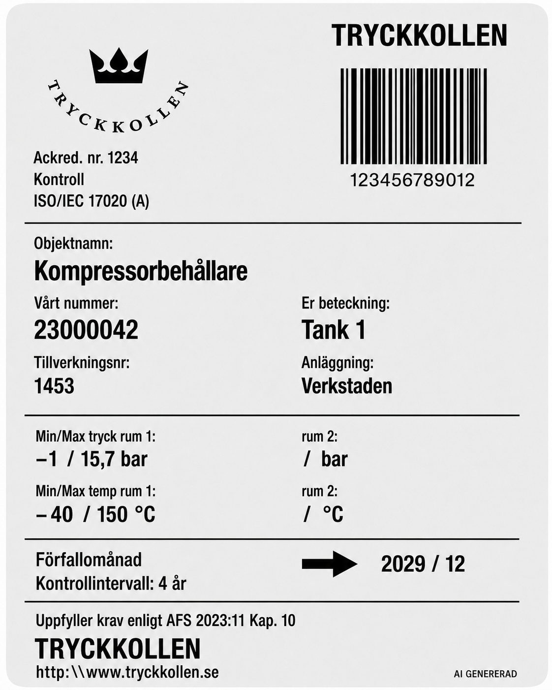 Kontrollskylt med kontrollintervall fyra år och förfallomånad december 2029